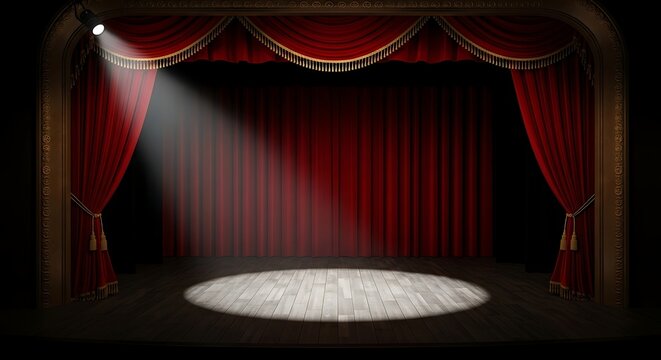 A spotlight shines on a stage with red curtains every mounth during performances at the theater