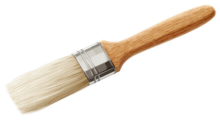 Paintbrush with Wooden Handle and White Bristles on White Background