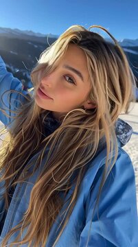 Fashion lifestyle template. A pretty radiant blonde tousled long hair girl posing on the snow ski slopes resort, enjoying the sun light on her face skin. clip mov motion