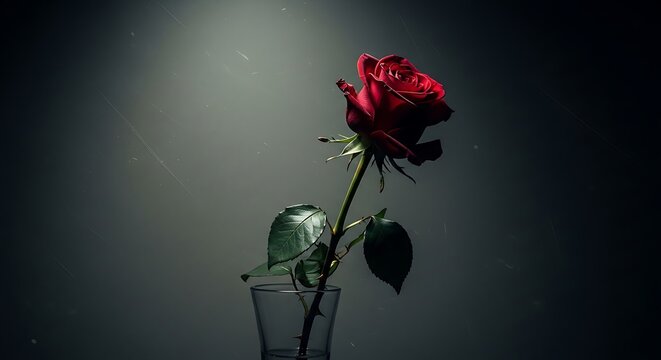 A single red rose in a glass vase with dramatic lighting