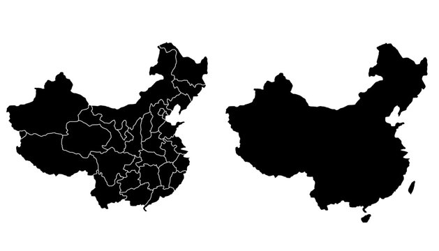 China Map Black Silhouette with Regional Outlines &ndash; Editable Layered EPS | China Outline Vector