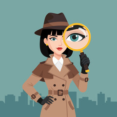 Cartoon woman in detective outfit.