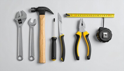 Set of six hand tools neatly arranged on light gray background: adjustable wrench, claw hammer with wooden handle, combination pliers, flathead screwdriver, utility knife, retractable tape measure par