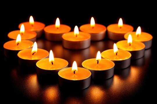 Warm glowing orange candles in circular arrangement symbolizing comfort, hope and inner light, ideal for relaxation, wellness and emotional reflection themes.
