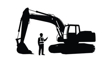 excavator and construction worker depicted in a striking black silhouette © MSTMARIA