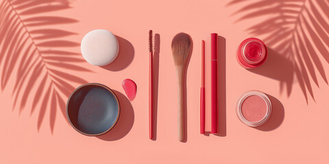 Flat lay of red makeup tools and cosmetics