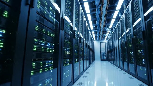 A long, brightly lit server room aisle with rows of illuminated racks