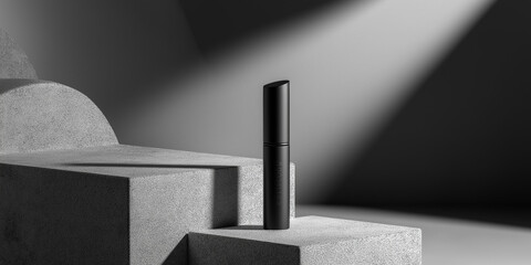 Black mascara tube with spotlight on concrete blocks