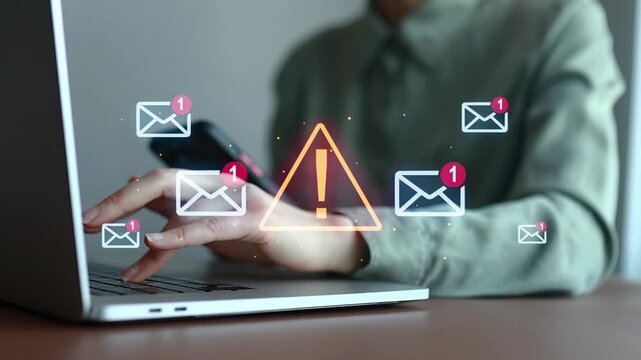 Notification alerts appear on a laptop screen while a person checks emails in a home office setting.