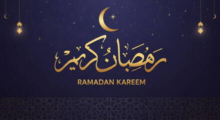 Ramadan kareem greeting card with golden arabic calligraphy and crescent moon on dark blue background with hanging lanterns