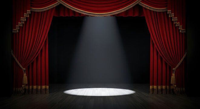 A spotlight shines on a stage with red curtains open wide every mounth for a grand performance