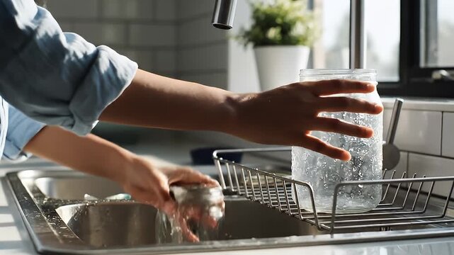 Person Washing Dishes in Modern Kitchen Sink.