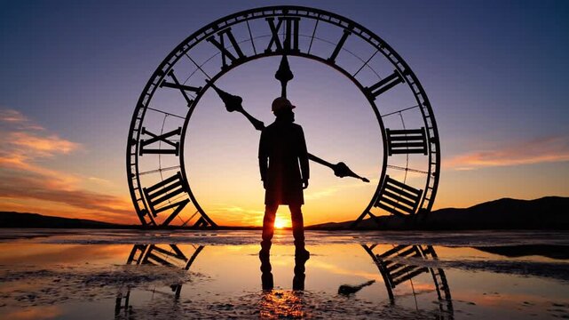 A lone figure stands in water surrounded by a giant clock at sunset with reflections on the ground