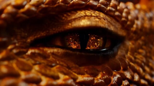 Close look at the eye of a dragon with detailed scales and bright colors in a warm setting