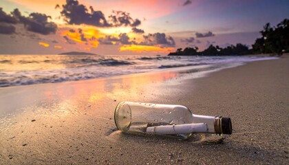 A message in a bottle washed ashore on a tropical beach at sunset, with waves gently lapping the sand