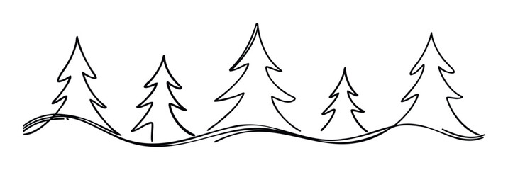 Obraz premium Simple continuous line drawing featuring five stylized fir trees and snowy ground, perfect for winter holiday greeting decorations or seasonal marketing materials