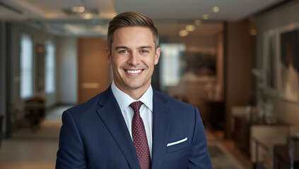 Fototapeta premium Confident smiling businessman in navy suit and tie in modern office lobby