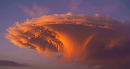 Dramatic orange and purple sunrise or sunset sky with fluffy cloud illuminated from within showcasing a breathtaking natural spectacle of weather and light interaction in a vibrant display of atmosphe