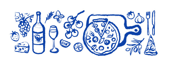 Obraz premium Vintage summer Italian Mediterranean pizzaria set. Hand drawn crayon isolated vector illustration. Amalfi sketch vacation design. Wine, grapes, cheese, tomato, olive branch.