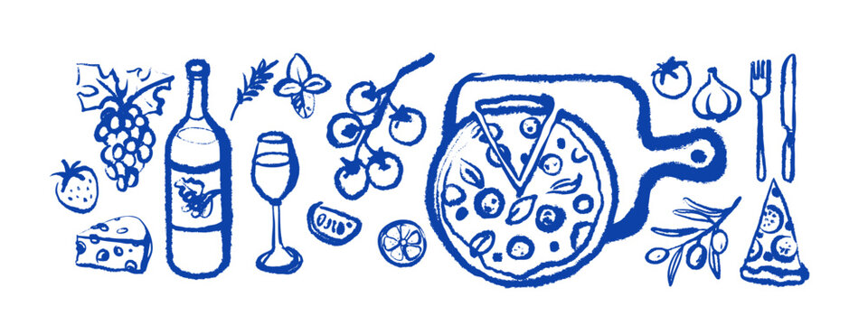 Vintage summer Italian Mediterranean pizzaria set. Hand drawn crayon isolated vector illustration. Amalfi sketch vacation design. Wine, grapes, cheese, tomato, olive branch.