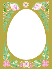 Happy Easter! Greeting frame with decorated Easter eggs, flowers, plants.  Picture for poster, invitation, postcard or background. Painted and Ornamental Eggs. Creative Easter and Spring Frame