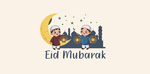 Fototapeta premium Eid mubarak greeting card illustration of two kids with lanterns and crescent moon