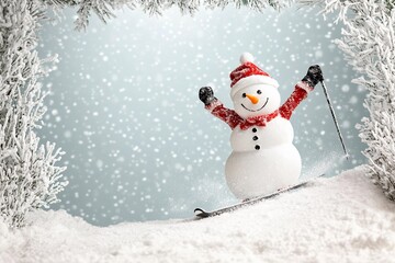 Obraz premium Snowman enjoys skiing down a snowy hill with arms raised in joy on a bright winter day