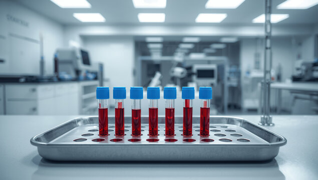 Blood sample vials with blue caps on metal tray in clinical laboratory, sterile atmosphere
