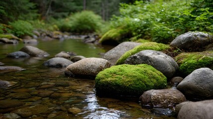 Moss covered rocks in a clear flowing forest creek with lush green vegetation and d d light