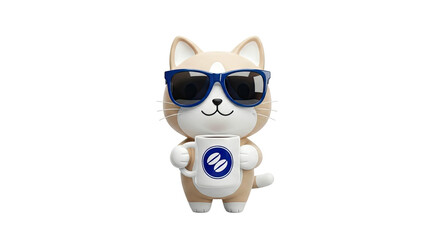 Cool Cat Holding Coffee Mug with Bean Logo