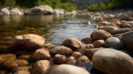 Close up of smooth river stones in clear flowing water under d d sunlight
