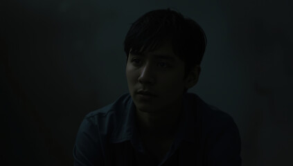 Lonely young man portrait in low light conveying quiet introspection