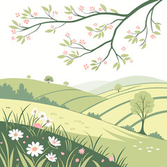 Springtime landscape with blooming flowers and a solitary tree on a gentle hillside