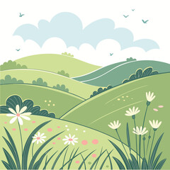 Obraz premium A serene pastoral landscape with rolling hills and blooming wildflowers under a clear sky