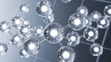 Abstract 3D rendering of interconnected molecular structures with glowing cores and reflective surfaces.