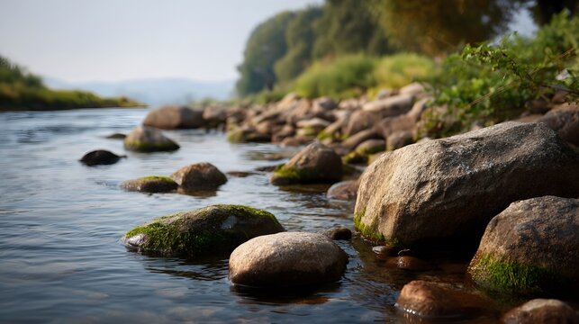 Close up view of smooth moss covered rocks partially submerged in a clear flowing river on a sunny day with lush vegetation in the blurred background