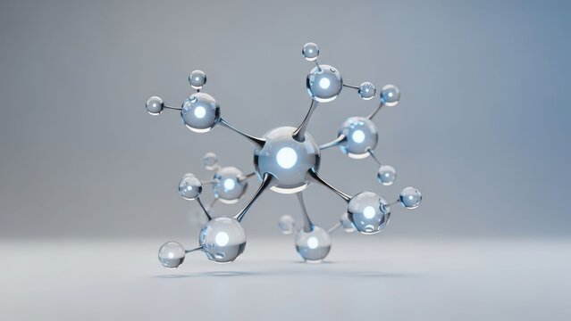 Abstract 3D rendering of a molecular structure with glowing blue spheres connected by metallic rods on a light background.