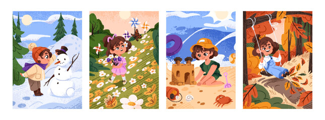 Cute little girl plays in nature set. Happy child is in four seasons. Funny kid has fun, walks, swings, makes snowman outdoors in summer, autumn, winter and spring. Flat hand drawn vector illustration
