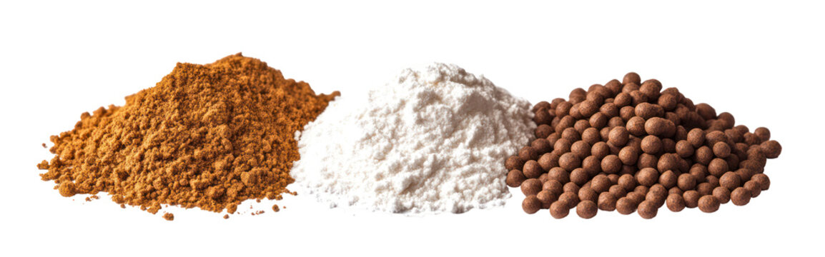 Single super phosphate fertilizer powder DAP pellets and muriate of potash on transparent background