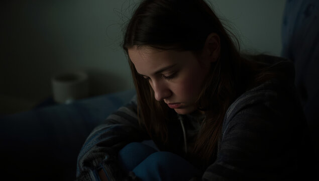 Sad young person sitting alone in dim light, introspective mood and quiet atmosphere