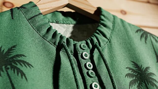 A green henley shirt with palm tree design hanging on a wooden hanger.