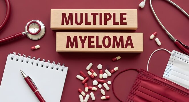 Multiple Myeloma diagnosis blocks are surrounded by medical supplies including pills, a stethoscope, and a notebook on a deep red surface.