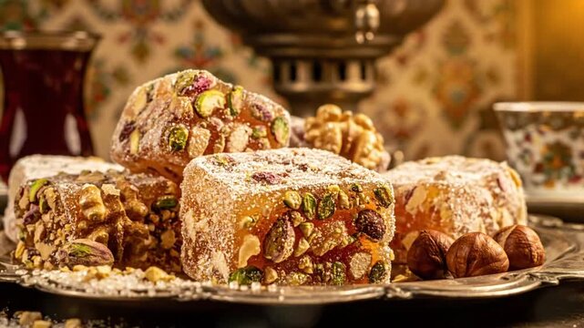 Delicious Turkish Delight Dessert Cubes with Pistachios, Hazelnuts, and Walnuts on a Silver Platter for Sweet Enjoyment