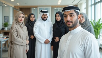 Fototapeta premium A group of Middle Eastern business professionals standing together in a modern office setting.