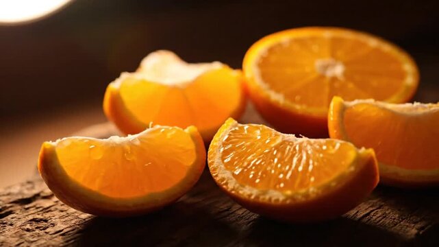 Close up of fresh orange slices illuminated by bright light on a rustic wooden surface.