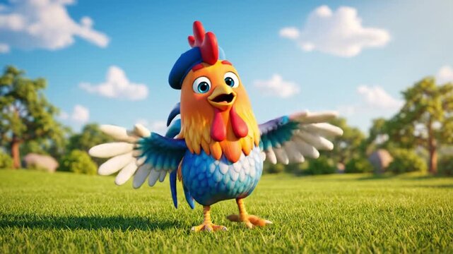 Vibrant cartoon rooster wearing beret struts through sunny meadow