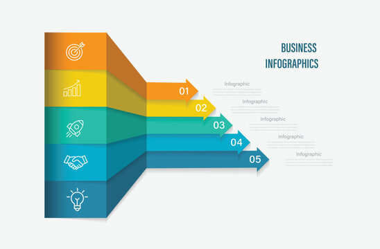 3d 5 layers retro infographic with marketing icons. Diagram chart template for business presentation. Vector illustration.
