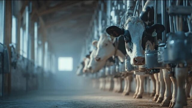 Holstein dairy cows efficiently being milked by advanced automated systems within a clean, modern agricultural facility, showcasing sustainable dairy farming