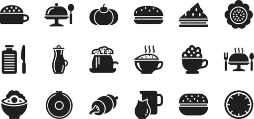 black and white food and drink icons on white background