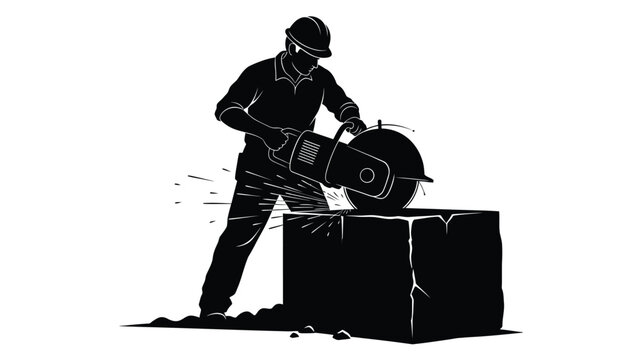 a construction worker cutting stone with a chainsaw a powerful silhouette